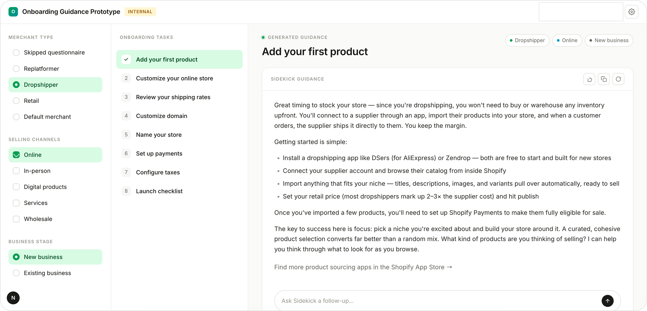 An early proof of concept showing AI-generated task guidance in place of hard-coded copy.