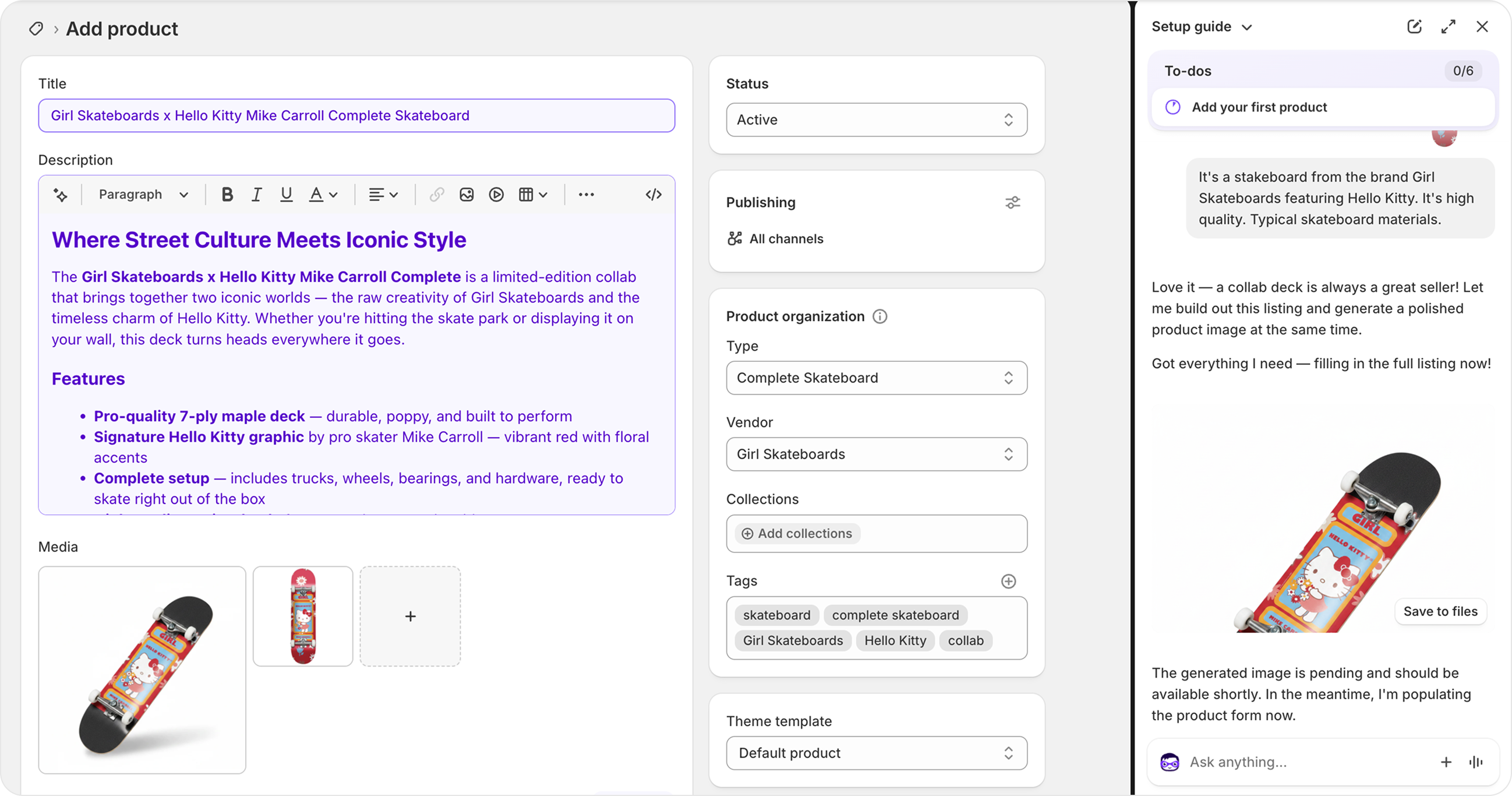 Sidekick can generate a full product listing from a description and image.