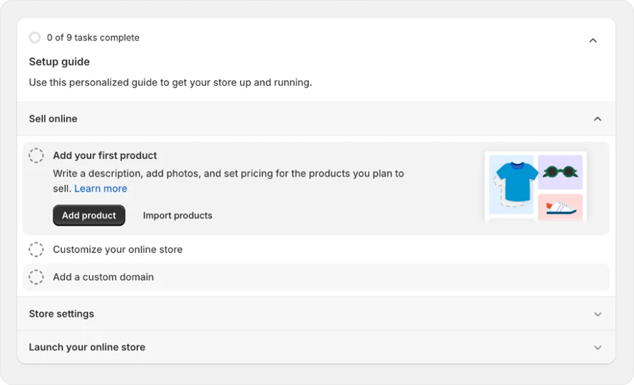 Generic guidance for the add your first product task.
