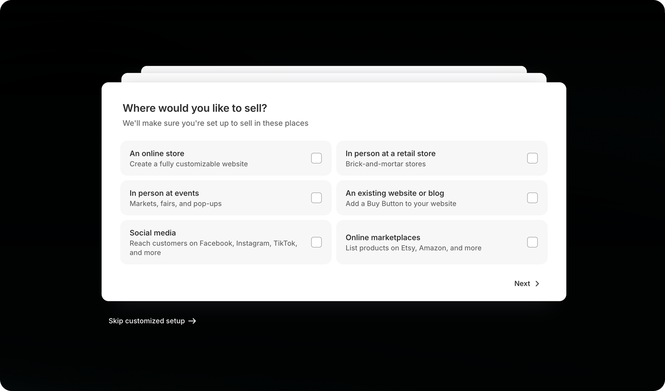 One of the questions merchants answer during signup.