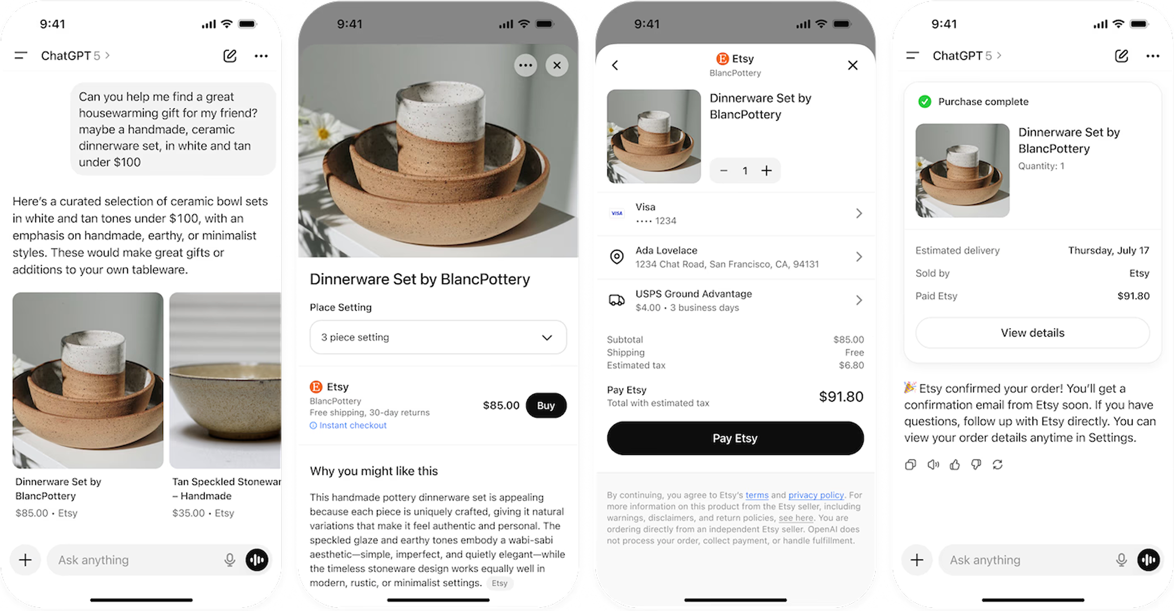 Products surfacing in a ChatGPT conversation, with checkout handled natively.